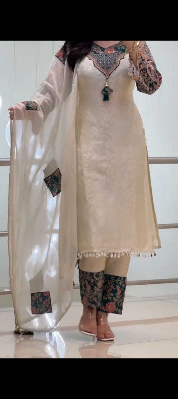 Cream Pure Banarasi Weaving Suit Set - Western Wear - close-up detail view | Nardev Fashions