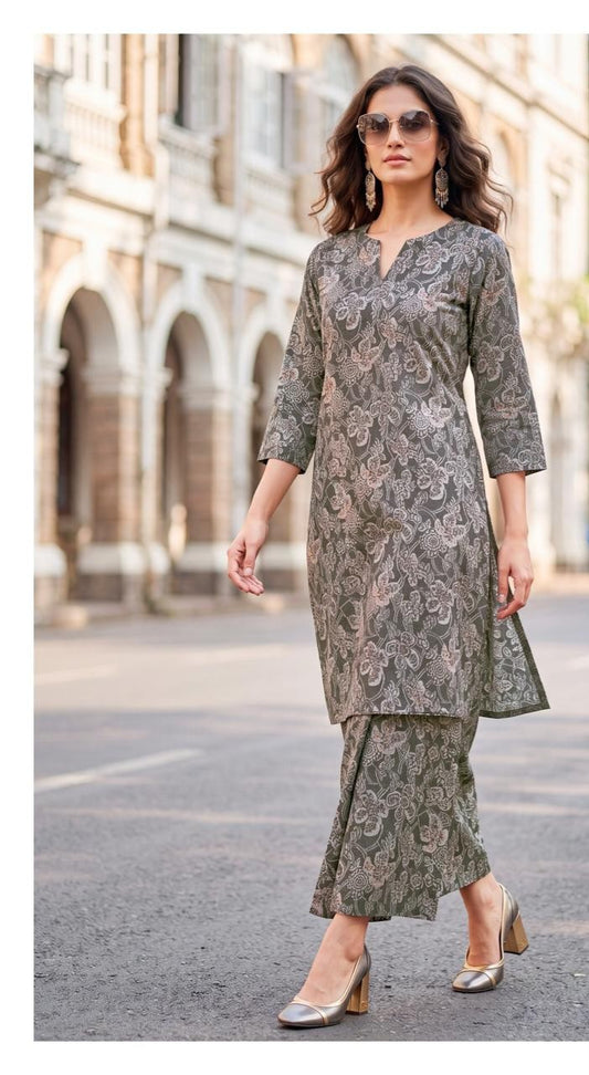 Olive Green Paisley Print Pure Cotton Co-ord Set - Western Wear - front view | Nardev Fashions