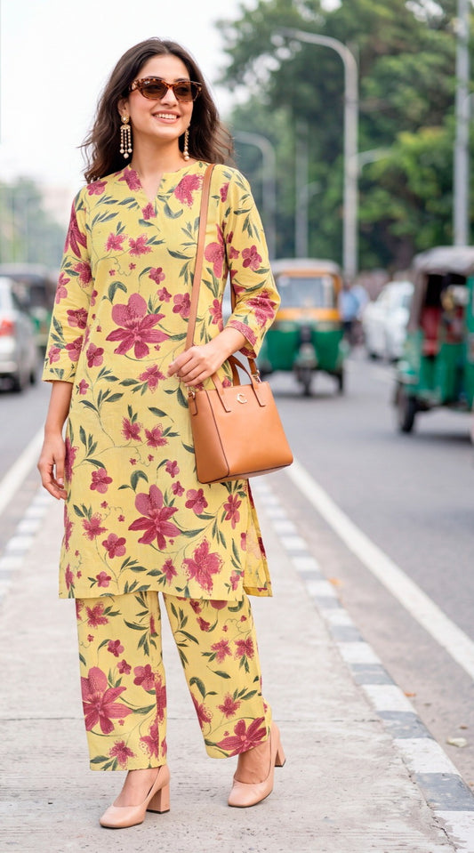 Lemon Yellow Floral Print Pure Cotton Co-ord Set - Western Wear - front view | Nardev Fashions