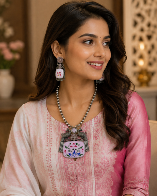 Women's Traditional Best Hand Painted Peacock Necklace Set - front view | D9 Creations