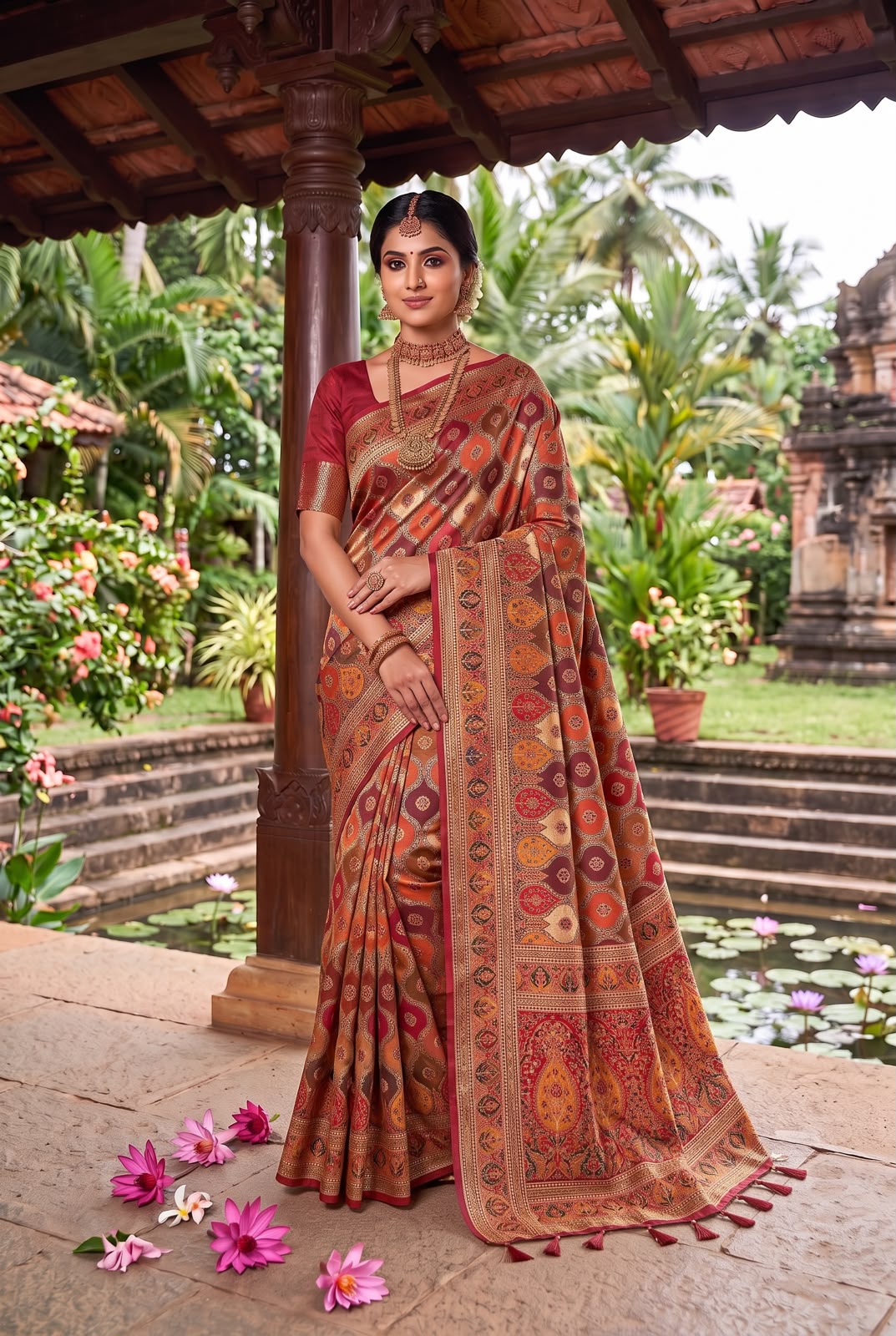 Rust & Copper Pure Banarasi Silk Saree - Sarees - front view | Nardev Fashions