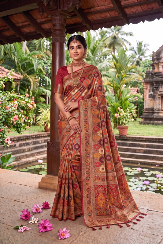 Rust & Copper Pure Banarasi Silk Saree - Sarees - front view | Nardev Fashions