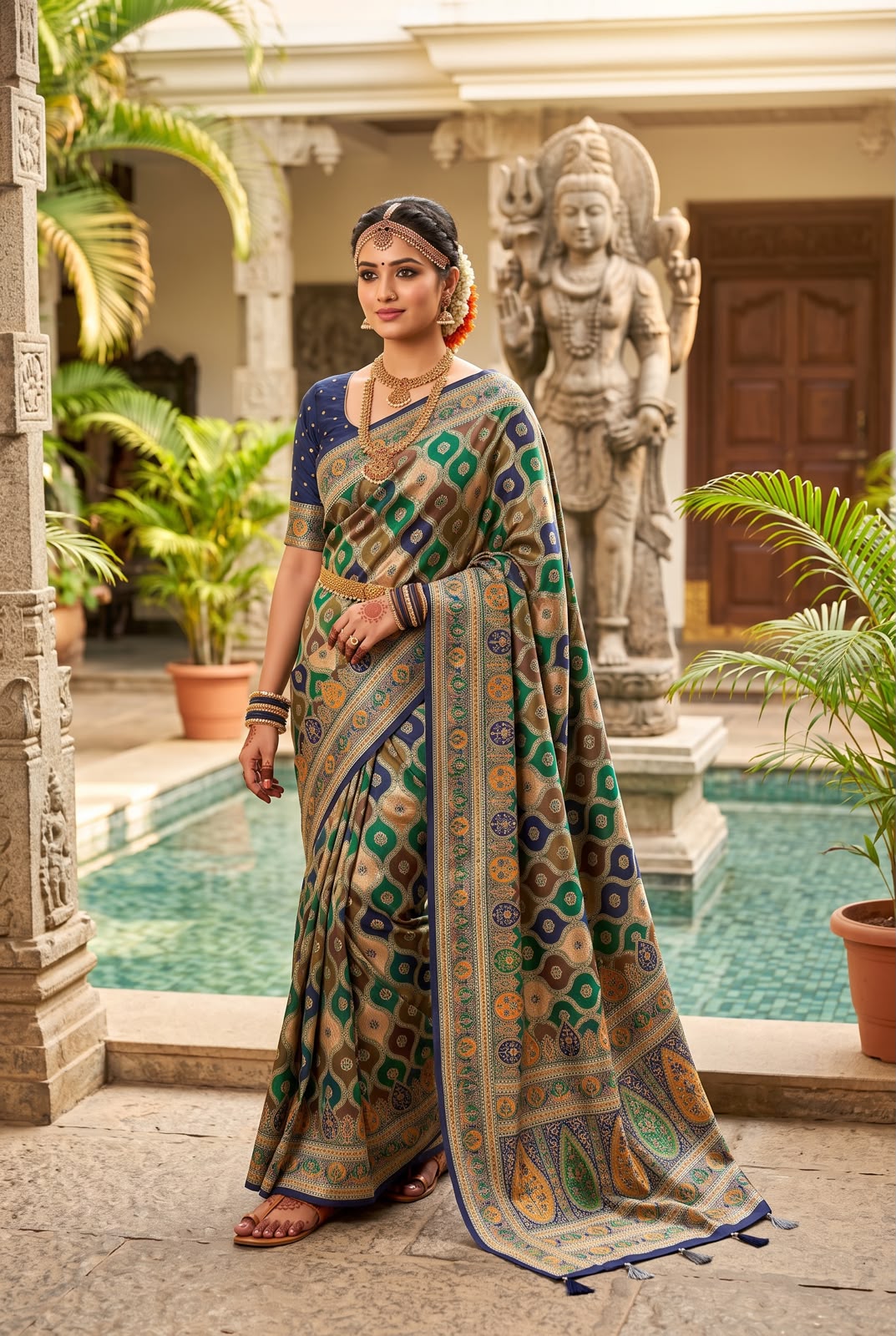 Multicolour Green & Navy Patola Pure Banarasi Silk Saree - Sarees - front view | Nardev Fashions