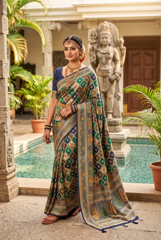 Multicolour Green & Navy Patola Pure Banarasi Silk Saree - Sarees - front view | Nardev Fashions