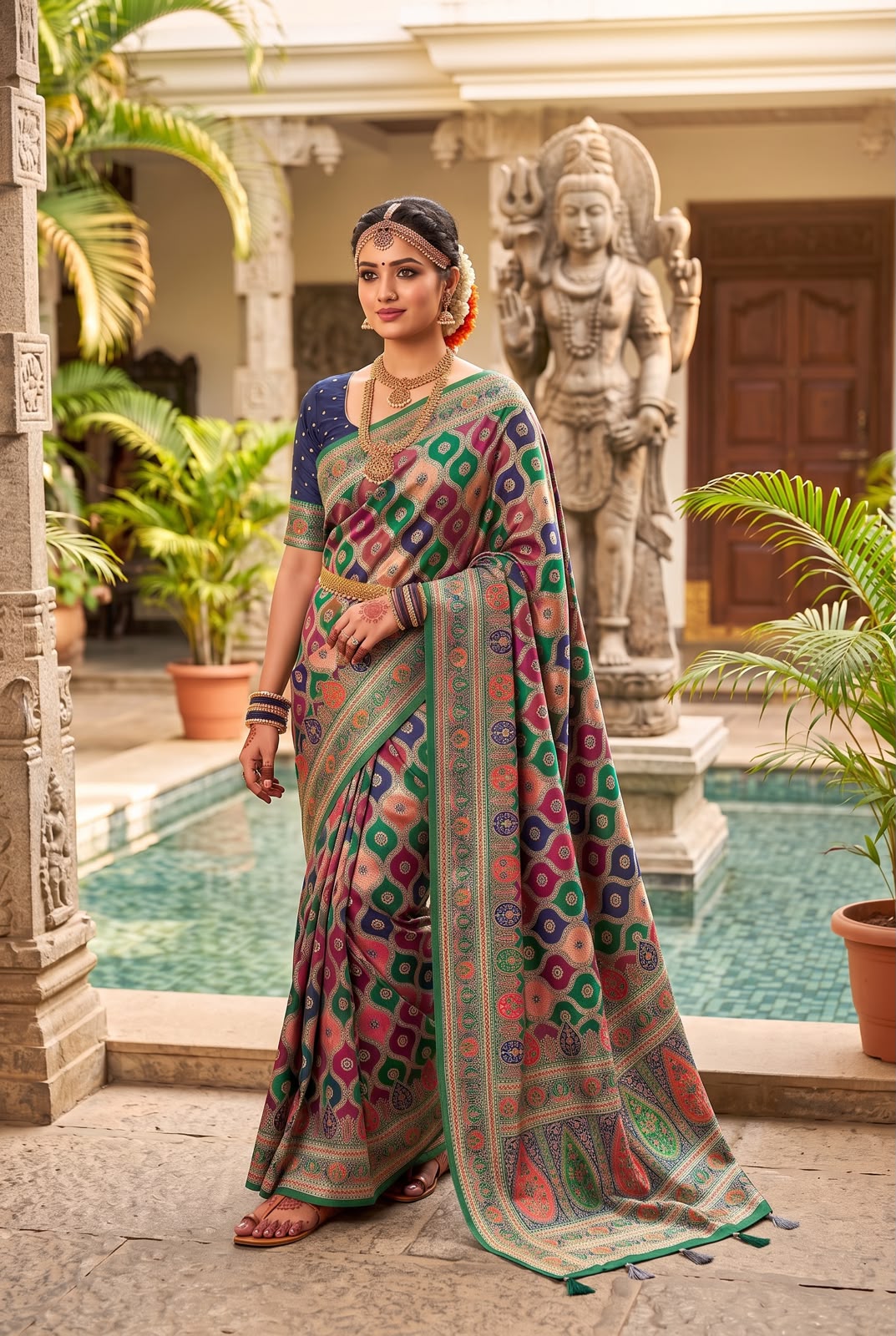 Mauve Pink & Green Patola Pure Banarasi Silk Saree - Sarees - front view | Nardev Fashions