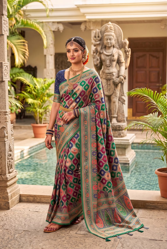 Mauve Pink & Green Patola Pure Banarasi Silk Saree - Sarees - front view | Nardev Fashions