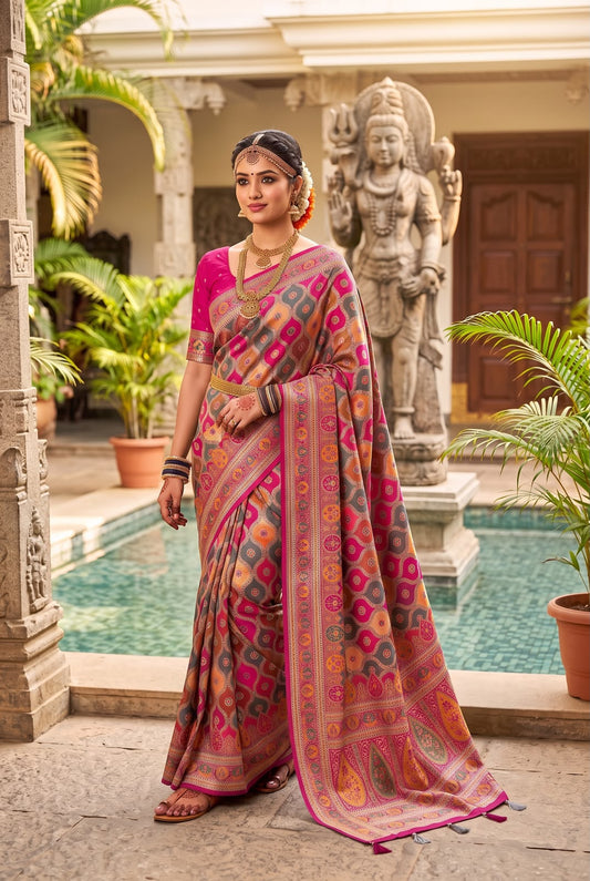 Taupe Grey & Hot Pink Patola Pure Banarasi Silk Saree - Sarees - front view | Nardev Fashions