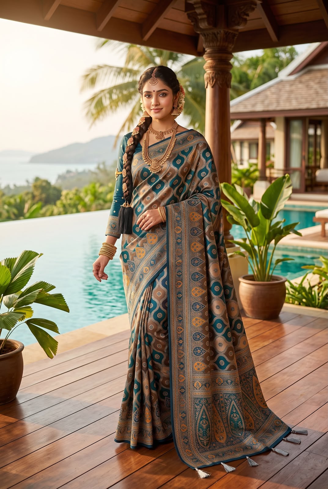 Beige & Teal Patola Pure Banarasi Silk Saree - Sarees - front view | Nardev Fashions