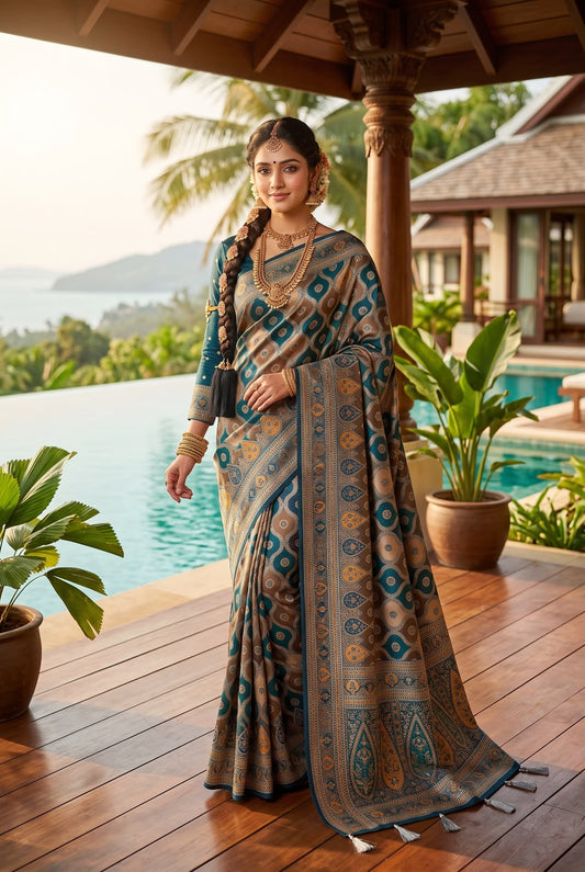 Beige & Teal Patola Pure Banarasi Silk Saree - Sarees - front view | Nardev Fashions