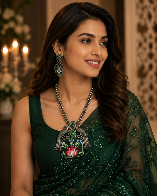 Women's Traditional Best Hand Painted Peacock Necklace Set - front view | D9 Creations