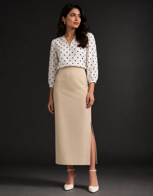 Beige Stretchable Long Skirt for Women - Western Wear - front view | Qikink