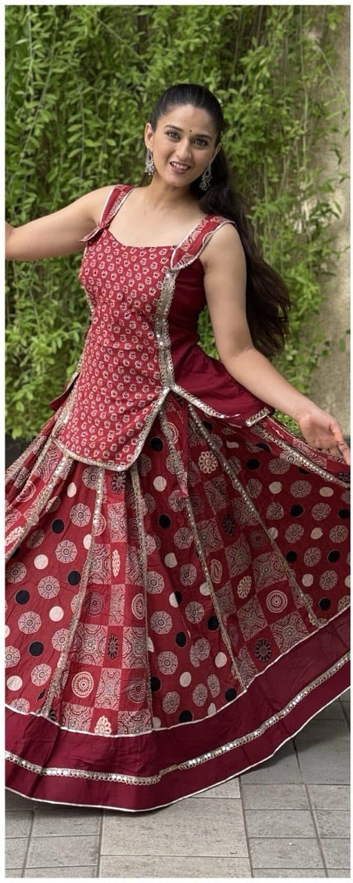 Deep Maroon Bandhani & Mandala Print Cotton Blend Lehenga Choli - close-up detail view | Nardev Fashions