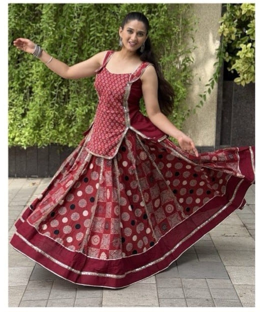 Deep Maroon Bandhani & Mandala Print Cotton Blend Lehenga Choli - front view | Nardev Fashions