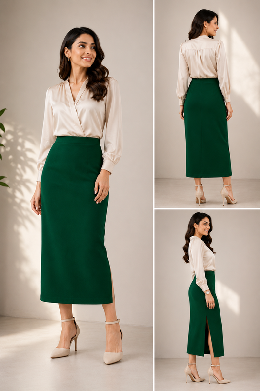 Green Stretchable Long Skirt for Women - Western Wear - front view | Qikink