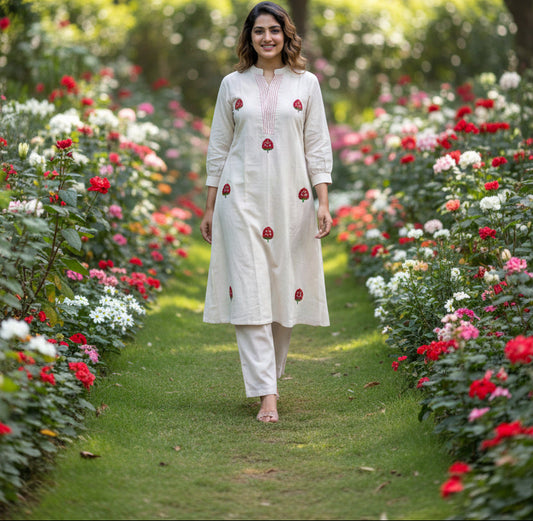 Off-White Cotton Embroidery Thread Work Co-ord Set – A-Line Top & Plain Palazzo (Fully Stitched) - front view | Nardev Fashions