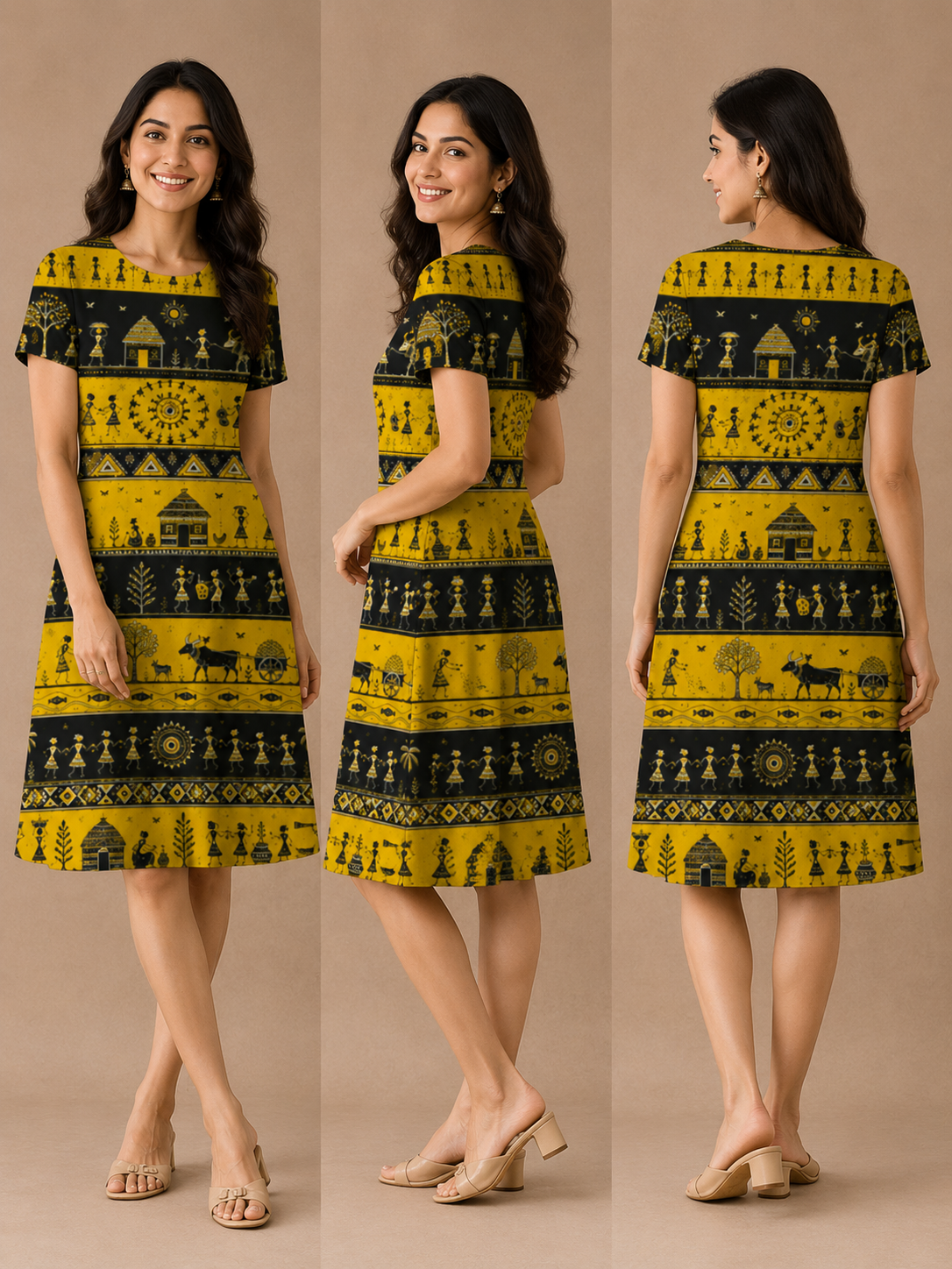 Yellow Warli Art Printed Dress for Women - Western Wear - close-up detail view | Qikink