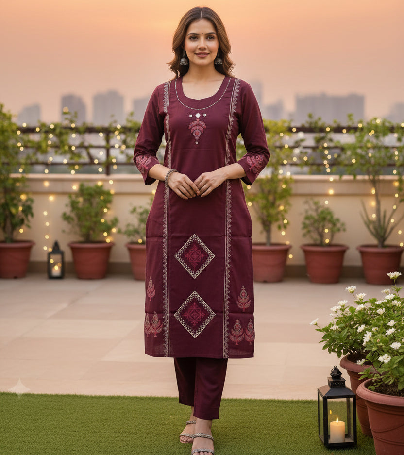 Wine Pure Dhabu Cotton 2-PC Set – Block Print Kurti with Full-Size Palazzo - Co-ord Set - front view | Nardev Fashions