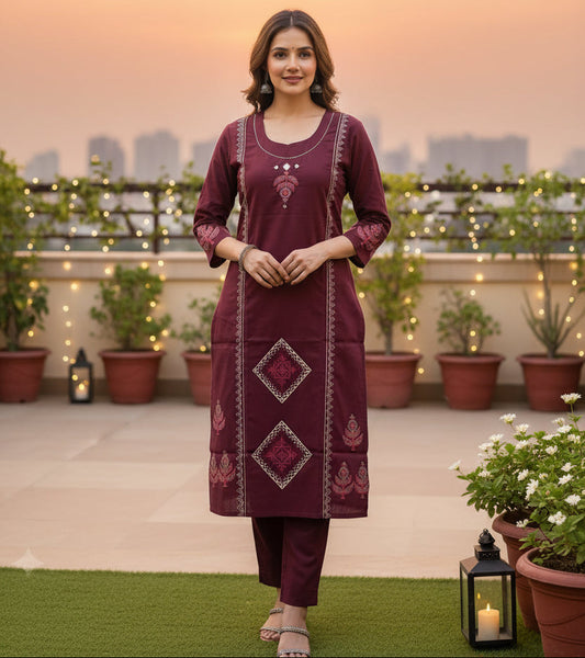 Wine Pure Dhabu Cotton 2-PC Set – Block Print Kurti with Full-Size Palazzo - Co-ord Set - front view | Nardev Fashions