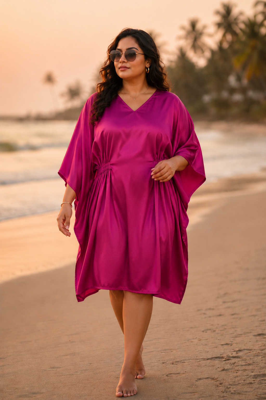 Women’s Rani Pink Colour Short Kaftan Midi Dress - Western Wear - front view | Qikink