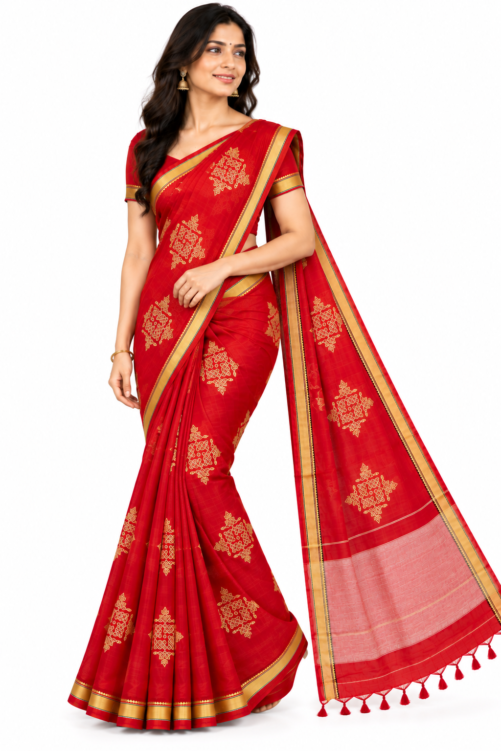 Red Samruddhi Kolam handloom saree with gold zari border, front view