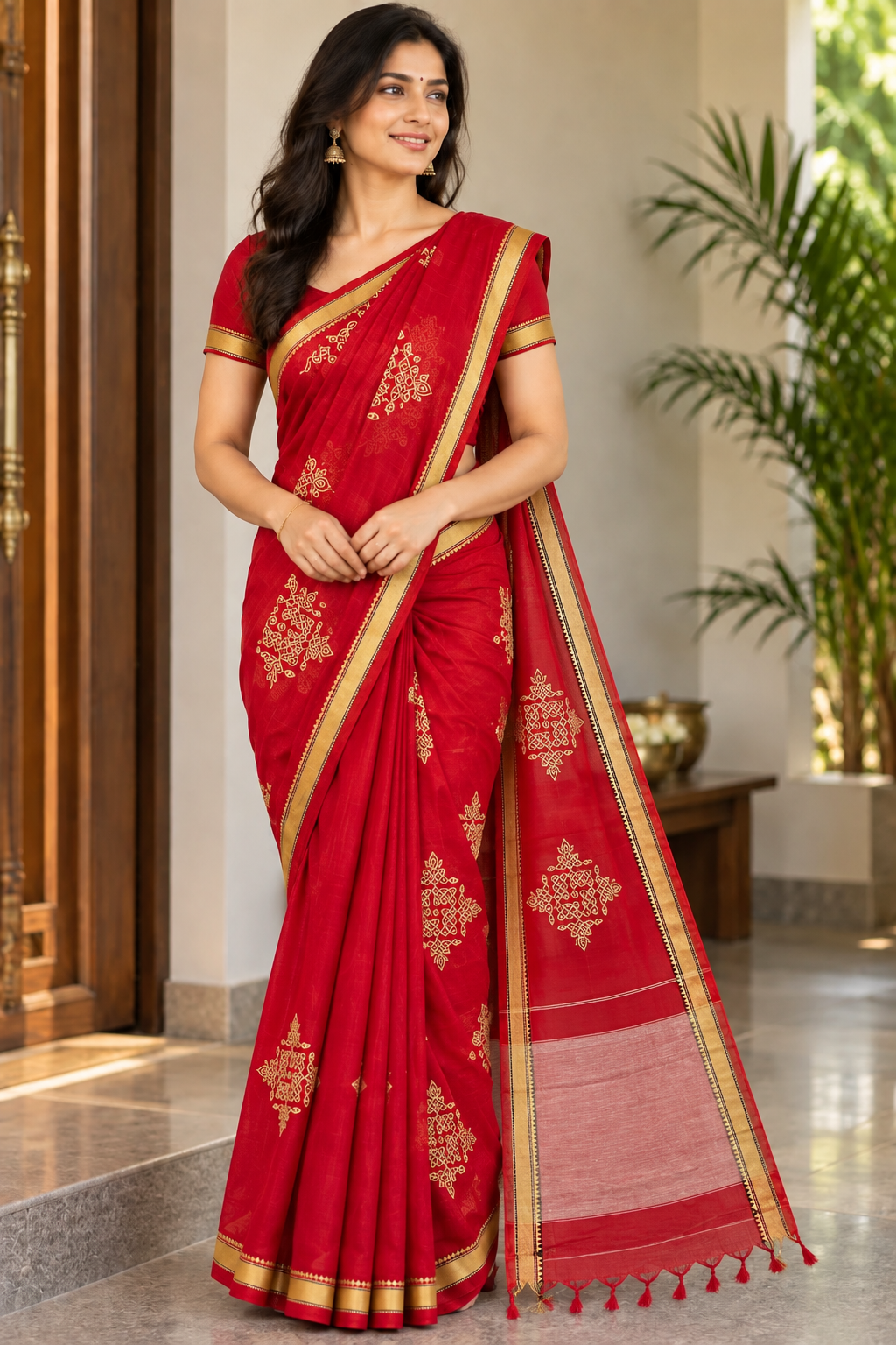 Red Kolam saree back and side views showing blouse and tasselled pallu