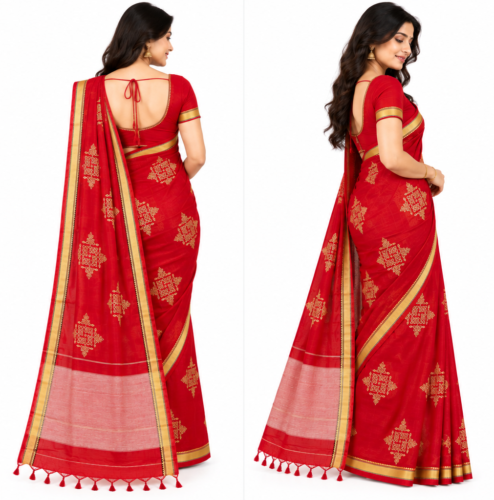 Red Kolam handloom saree draped, full-length indoor view