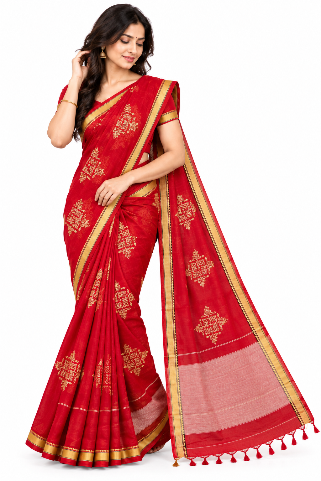 Red Kolam saree with golden motifs and gold border, studio view