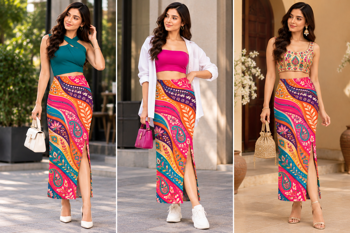 Women's Multicolour Indian Folk-Art-Inspired Paisley Print Stretchable Long Pencil Skirt with Side Slit