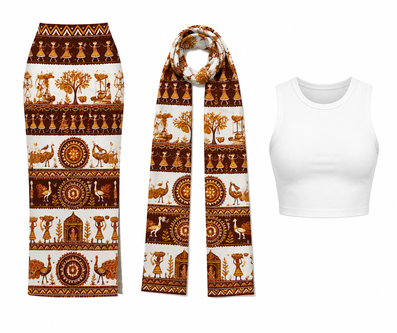 Warli Art 3-Piece Skirt, Stole & Crop Top Set for Women - Western Wear - close-up detail view | Qikink