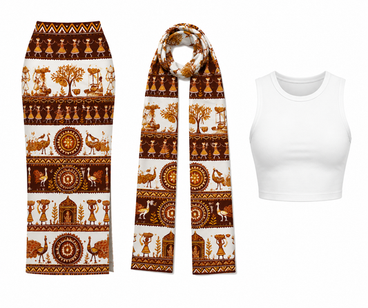 Warli Art 3-Piece Skirt, Stole & Crop Top Set for Women - Western Wear - close-up detail view | Qikink