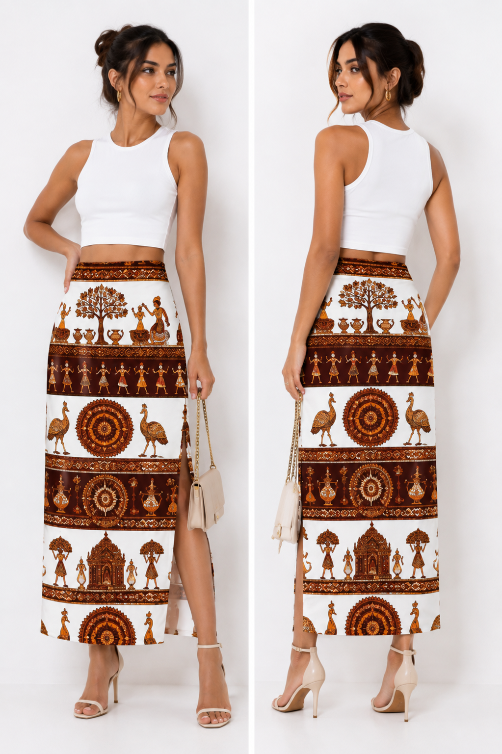 Warli Art 3-Piece Skirt, Stole & Crop Top Set for Women - Western Wear - styled full look | Qikink