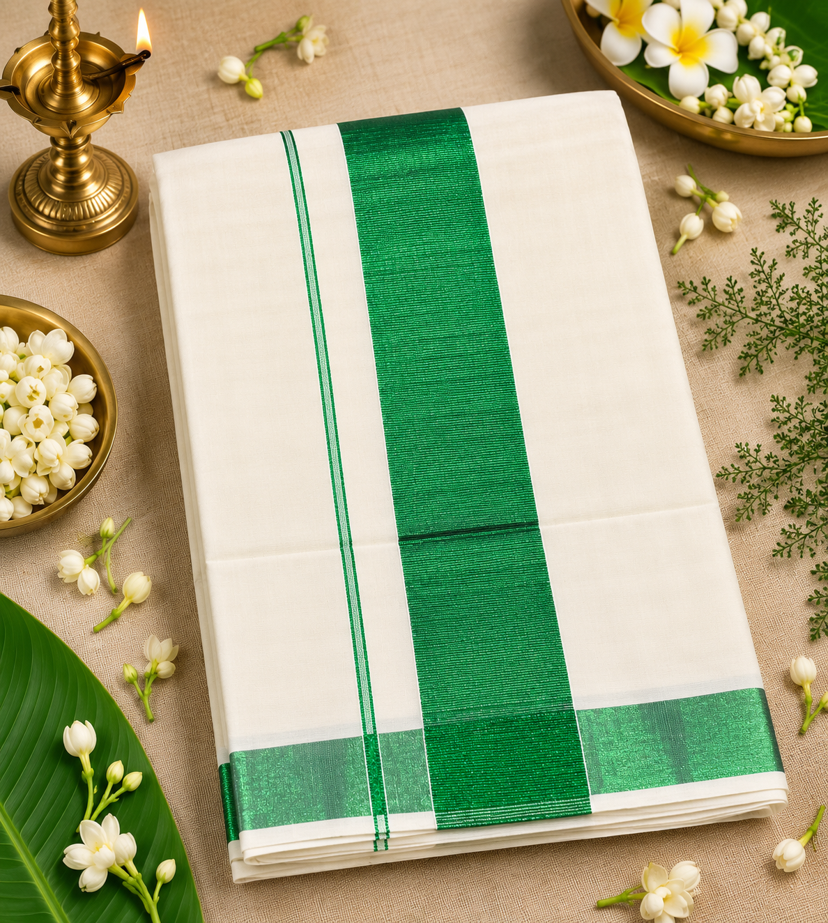 Pure Kerala Kasavu Handwoven Cotton Saree – Off-White & Green - styled full look | Chindak Textiles