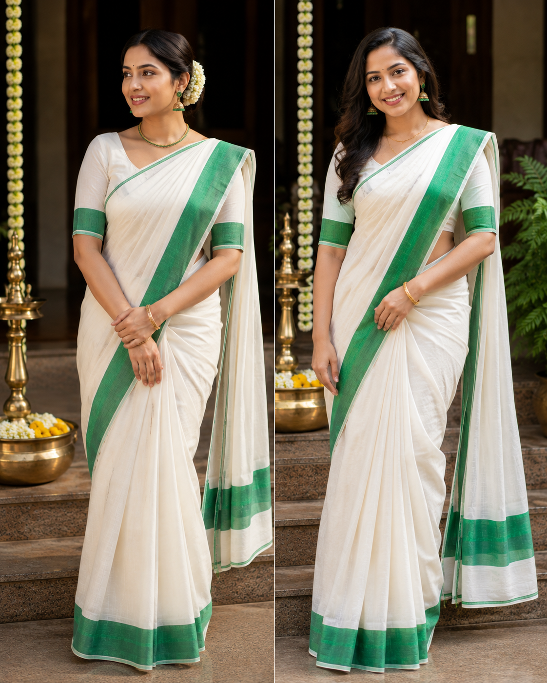 Pure Kerala Kasavu Handwoven Cotton Saree – Off-White & Green - back view | Chindak Textiles