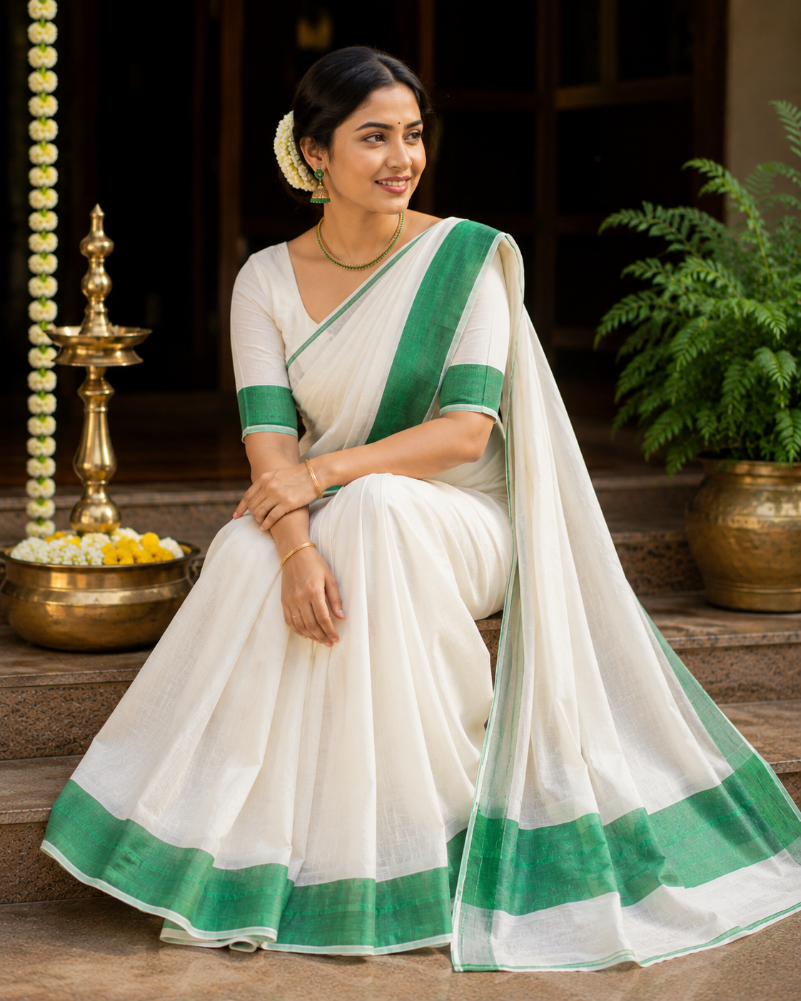 Pure Kerala Kasavu Handwoven Cotton Saree – Off-White & Green - close-up detail view | Chindak Textiles