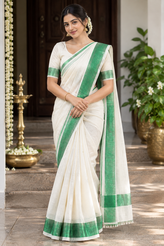Pure Kerala Kasavu Handwoven Cotton Saree – Off-White & Green - front view | Chindak Textiles