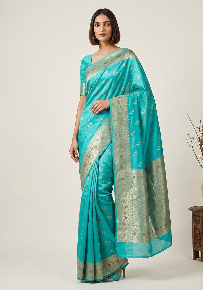 Turquoise Viscose Resham & Zari Butti Designer Banarasi Saree - Sarees - front view | Weave365