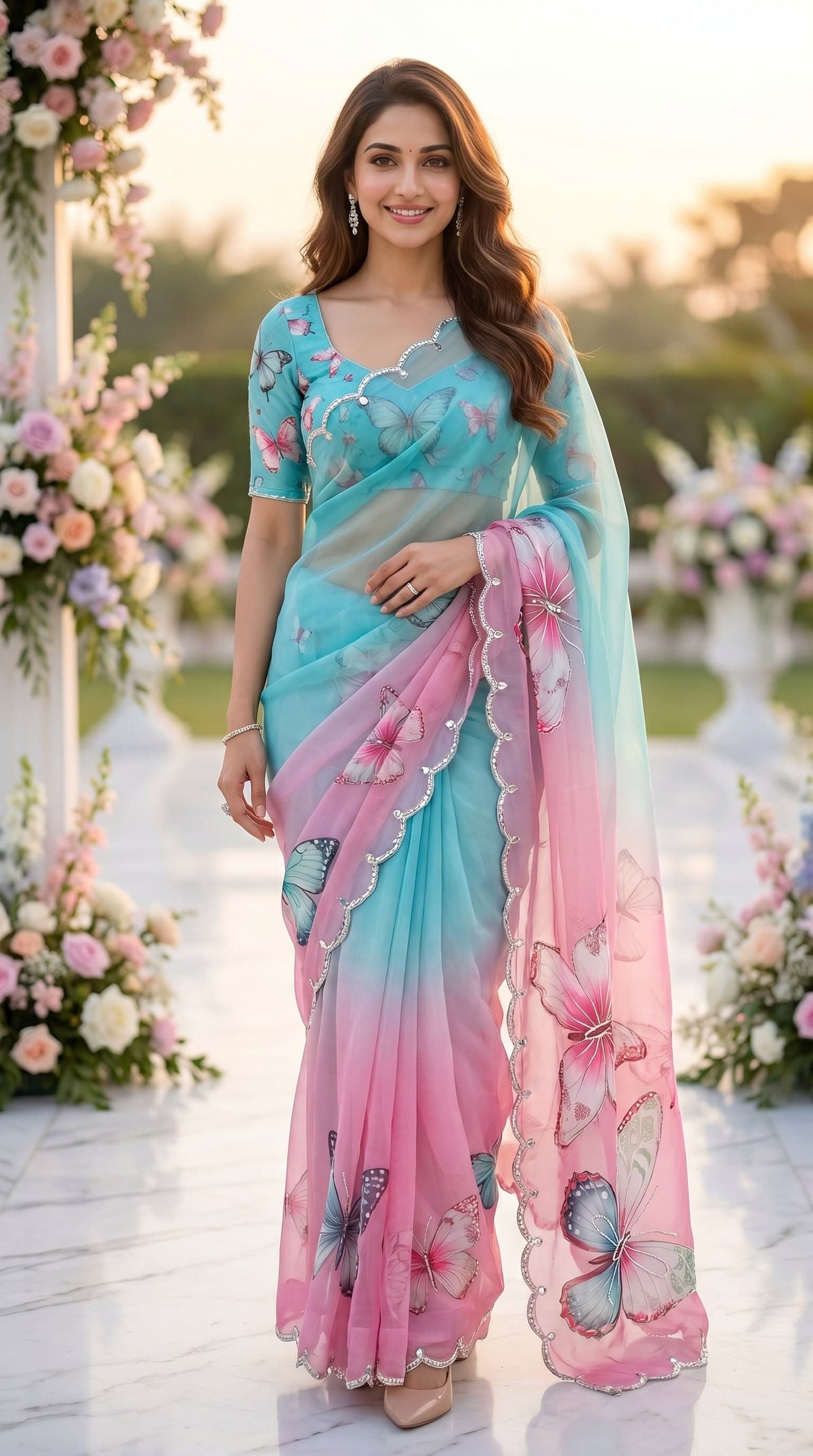 Aqua Blue & Pink Ombre Butterfly 3D Digital Print Tabby Saree - Sarees - front view | Nardev Fashions