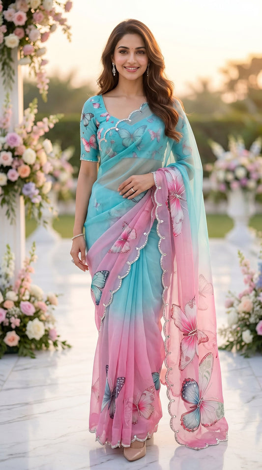 Aqua Blue & Pink Ombre Butterfly 3D Digital Print Tabby Saree - Sarees - front view | Nardev Fashions