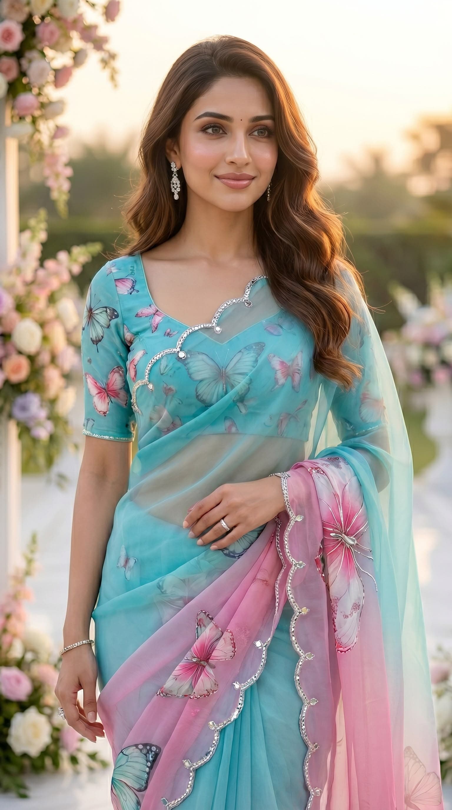 Aqua Blue & Pink Ombre Butterfly 3D Digital Print Tabby Saree - Sarees - close-up detail view | Nardev Fashions