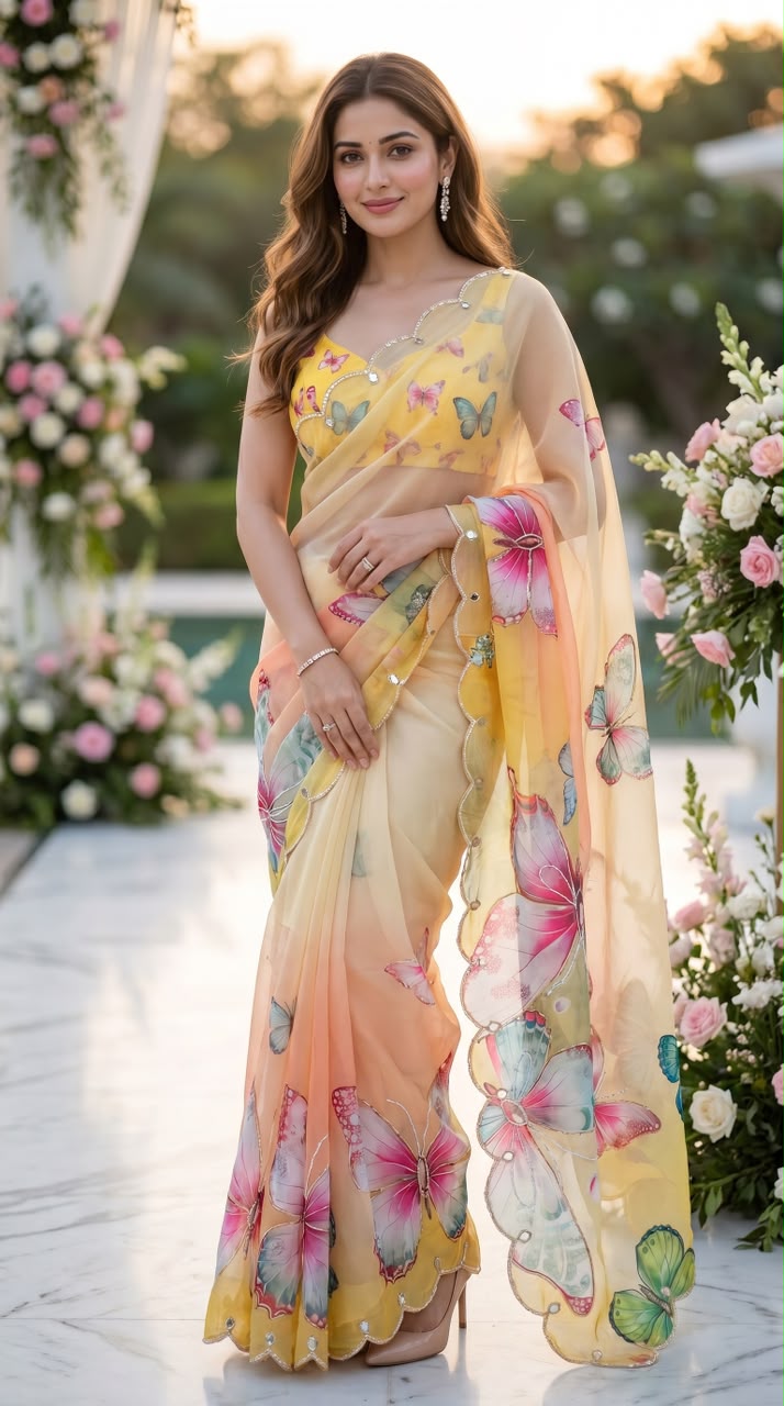 Sunshine Yellow & Peach Ombre Butterfly 3D Digital Print Tabby Saree - Sarees - front view | Nardev Fashions