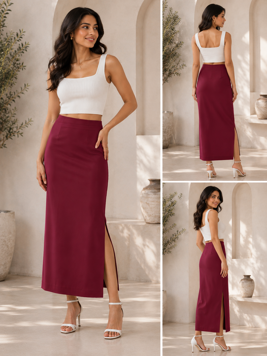 Burgundy Stretchable Long Skirt for Women - Western Wear - front view | Qikink