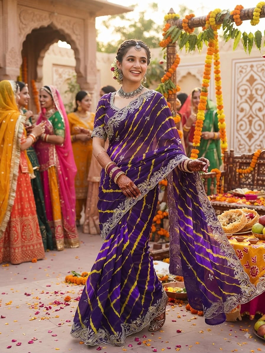 Royal Purple & Gold Lehriya Saree - Sarees - front view | Nardev Fashions