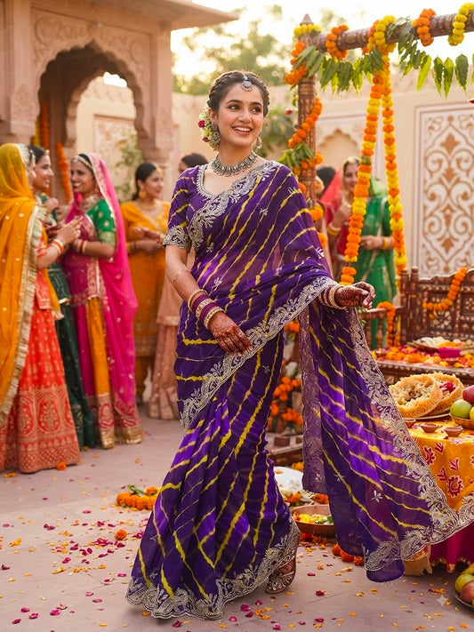 Royal Purple & Gold Lehriya Saree - Sarees - front view | Nardev Fashions