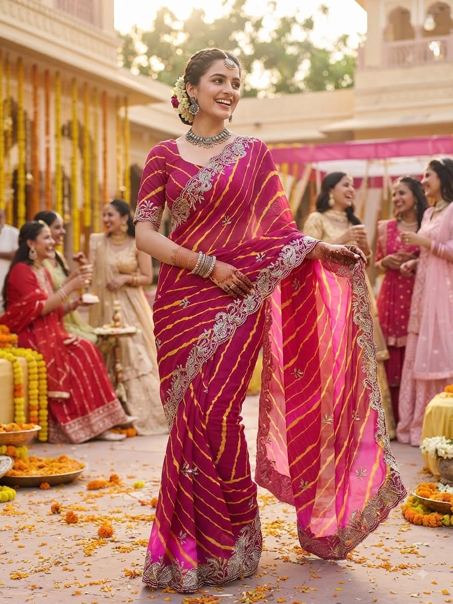 Magenta & Orange Lehriya Saree - Sarees - front view | Nardev Fashions