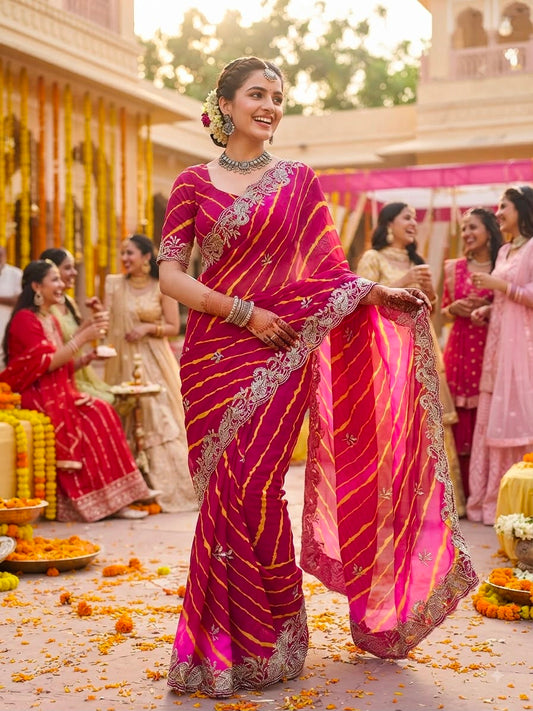 Magenta & Orange Lehriya Saree - Sarees - front view | Nardev Fashions