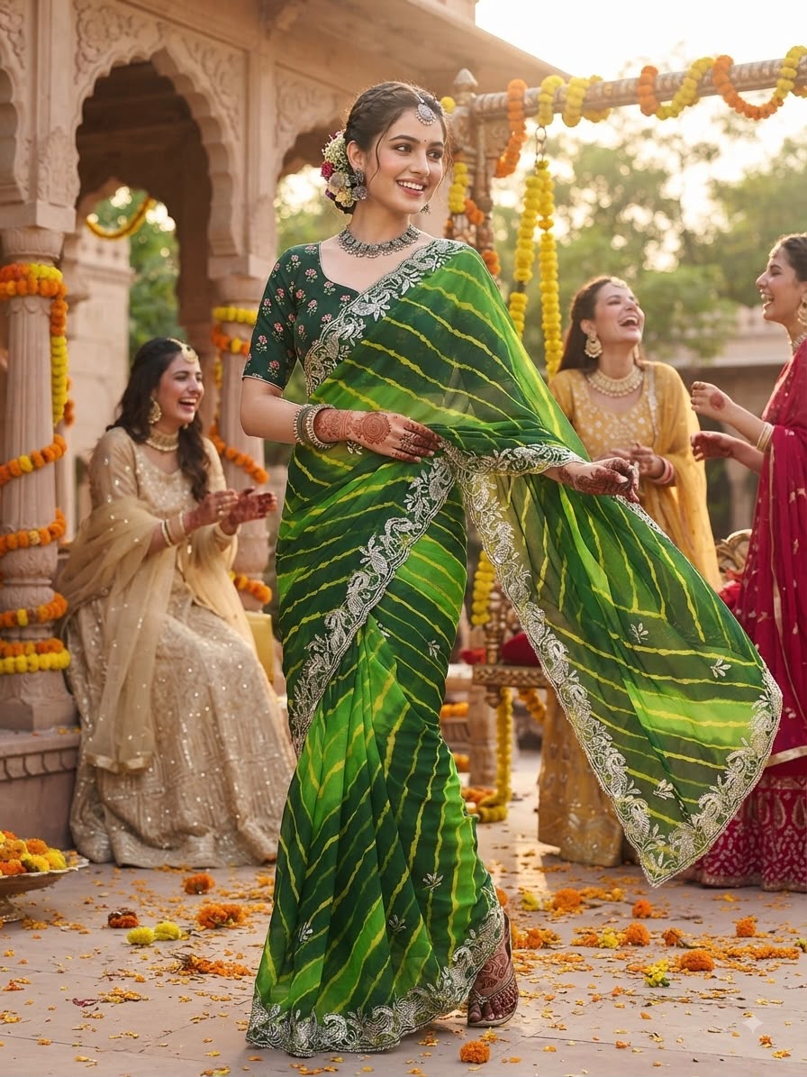 Emerald Green & Lime Lehriya Saree - Sarees - front view | Nardev Fashions