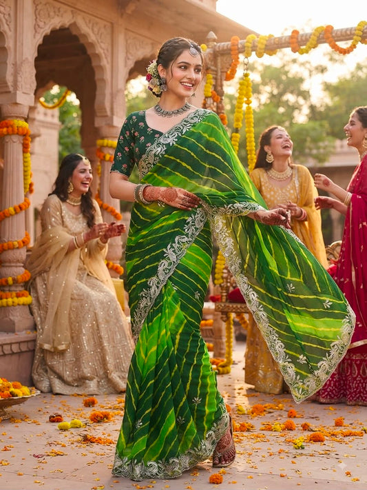 Emerald Green & Lime Lehriya Saree - Sarees - front view | Nardev Fashions