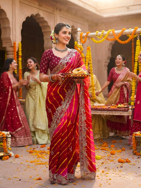 Deep Red & Orange-Pink Lehriya Saree - Sarees - front view | Nardev Fashions