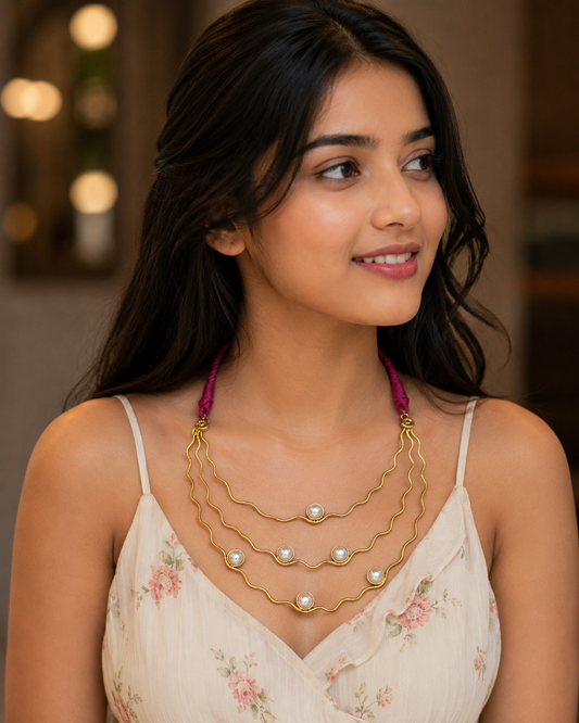 Women's Gold Plated Rani Pink Stone & Pearl Necklace for Women - front view | D9 Creations