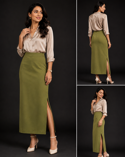 Olive Green Stretchable Long Skirt for Women - Western Wear - front view | Qikink